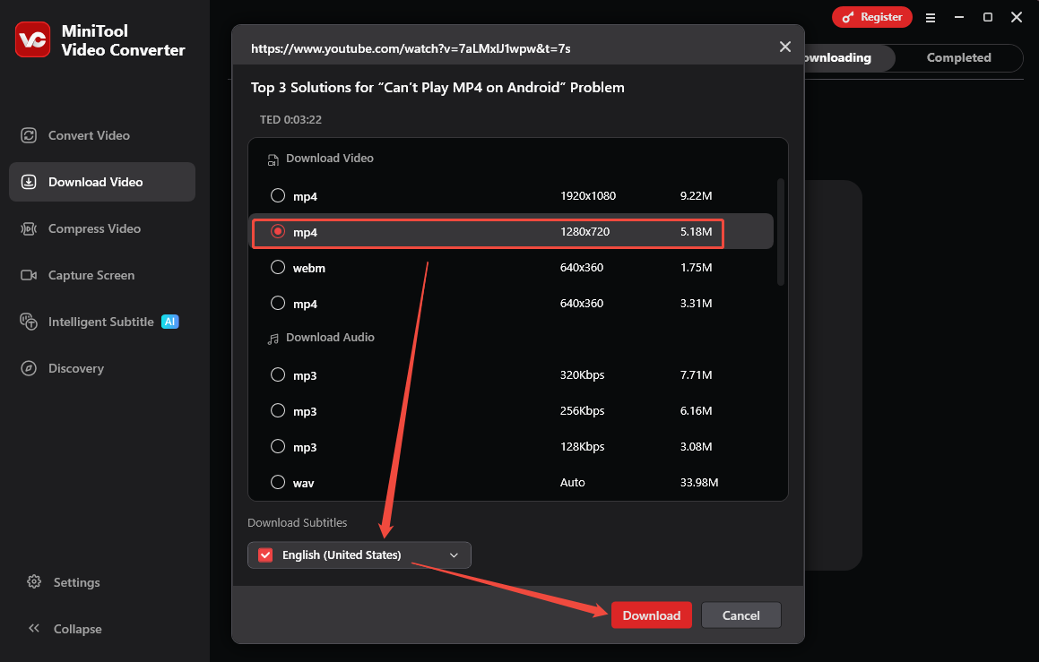 Choose an output format and resolution, decide whether to download subtitles, then click on Download to start downloading the YouTube video in MiniTool Video Converter