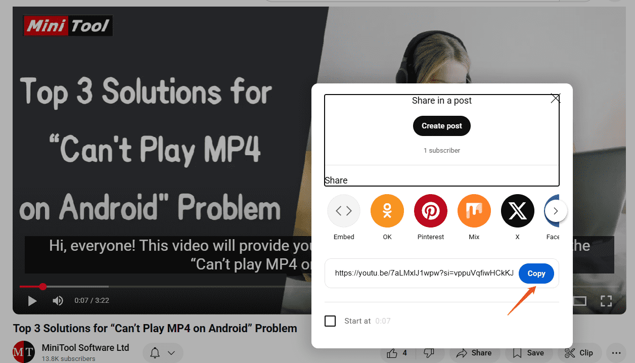 Click on Share > Copy to get the YouTube link