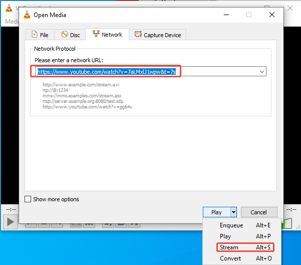 Paste the YouTube video link into the Network Protocol area and expand the Play drop-down menu to choose the Stream option in VLC Media Player