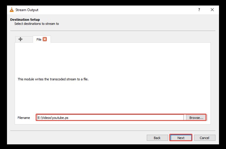 Click on Browse to select a destination to stream the YouTube video and give a file name, then click on Next in VLC Media Player