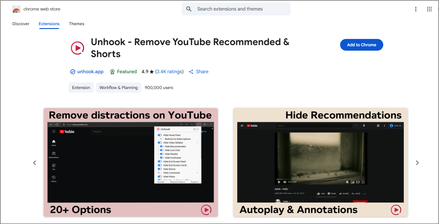 The Chrome extension interface of Unhook