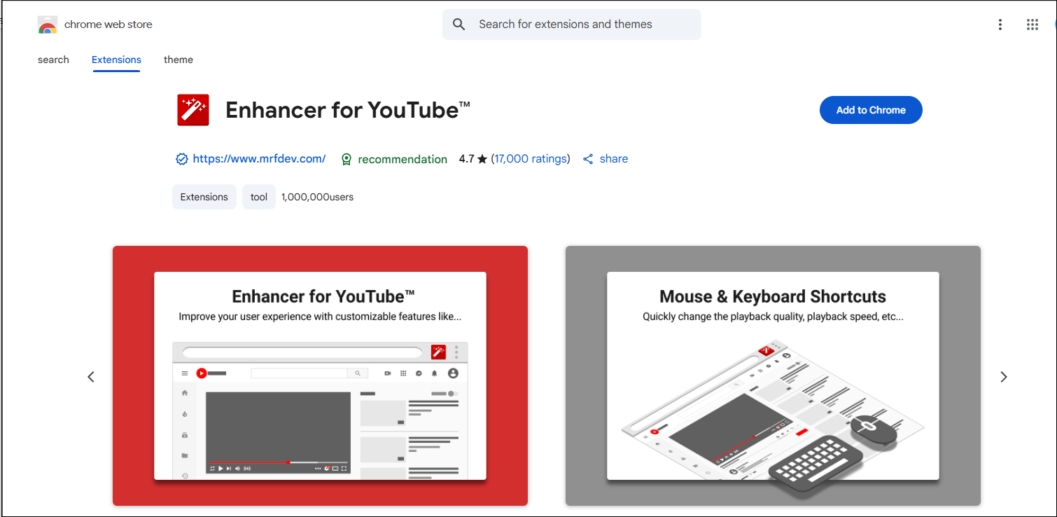 Enhancer for YouTube™ extension interface on Google Chrome