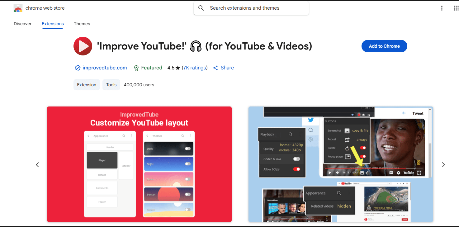 The Chrome extension interface of Improve YouTube!
