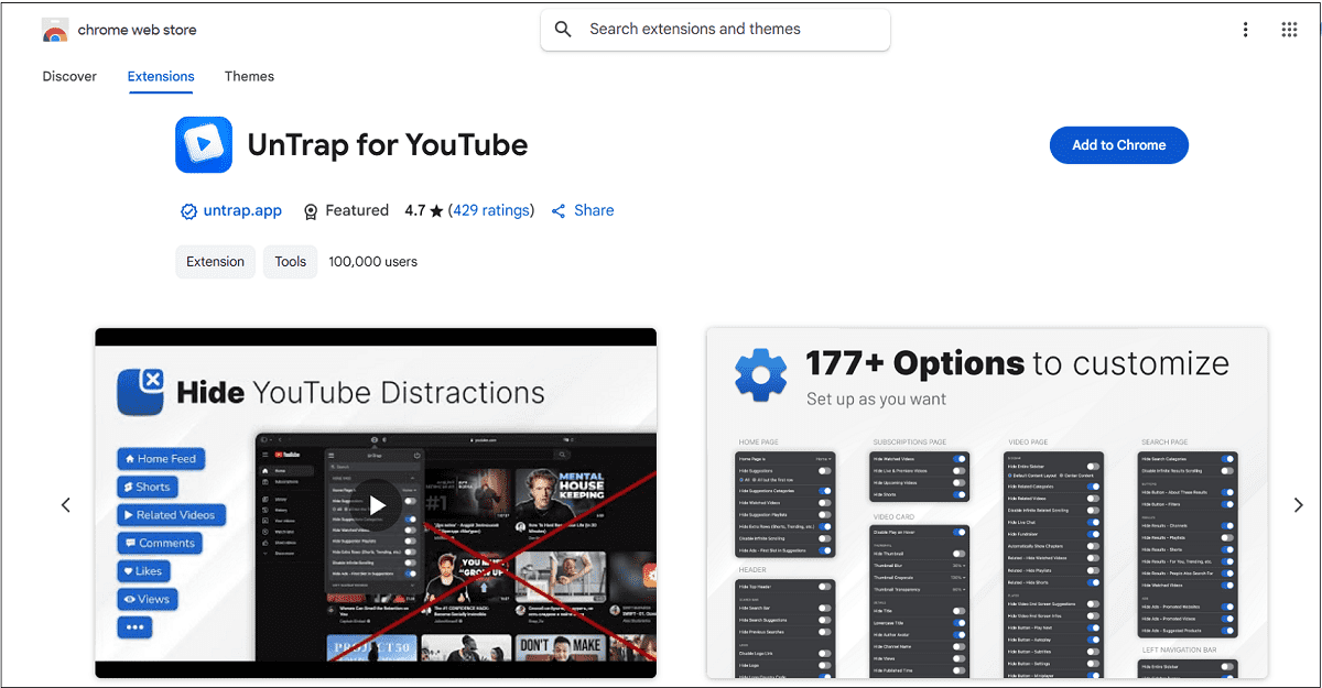 The Chrome extension interface of UnTrap for YouTube