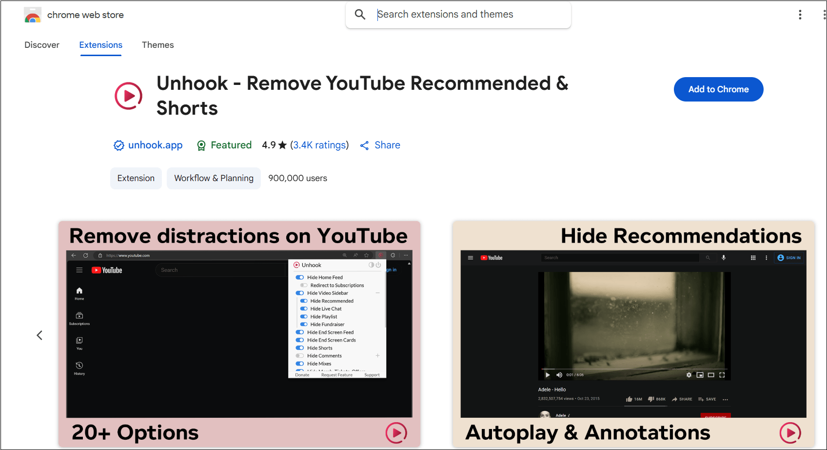 Go to Google Chrome Web Store to download Unhook