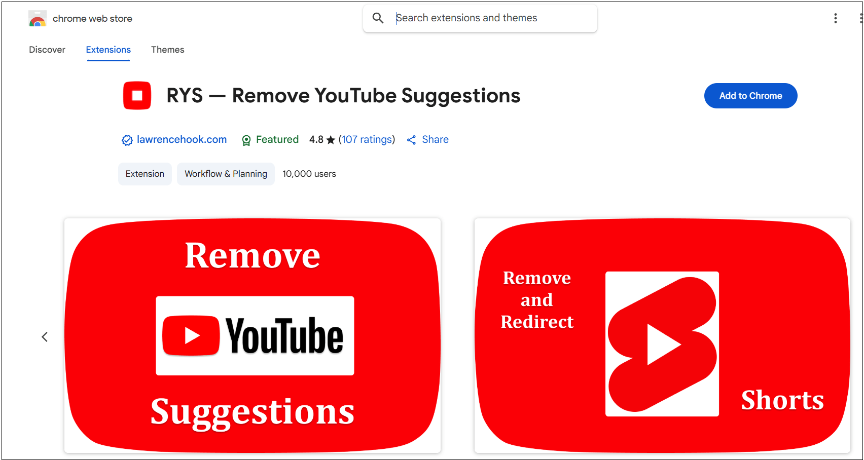 The extension interface of RYS – Remove YouTube Suggestions