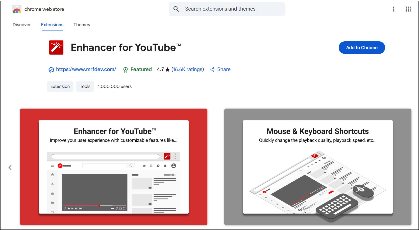 The Chrome extension interface of Enhancer for YouTuber