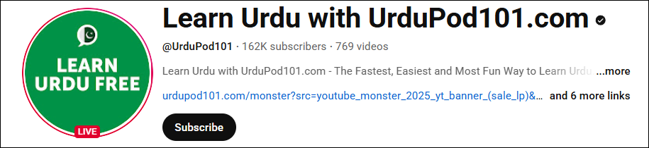 The channel interface of Learn Urdu with UrduPod101.com