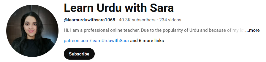 The channel interface of Learn Urdu with Sara