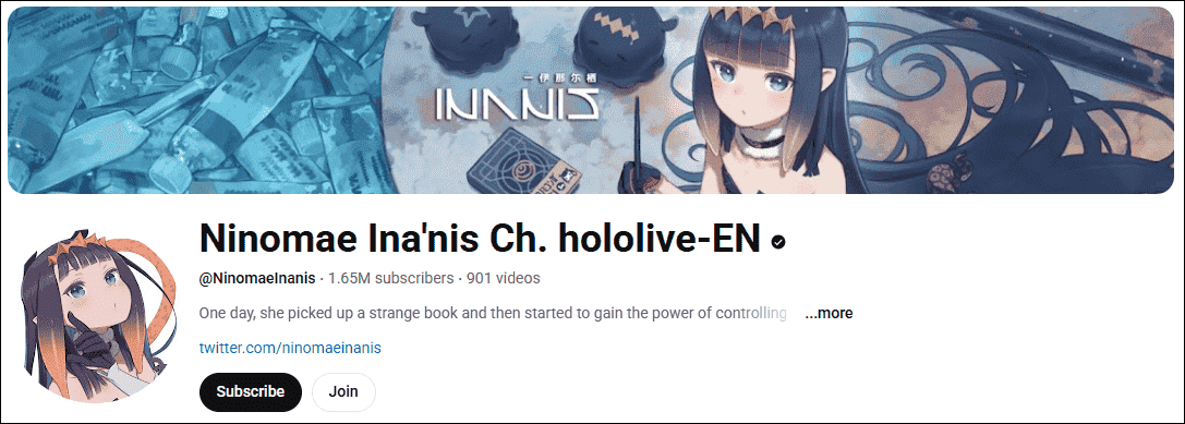 The interface of the virtual YouTuber, Ninomae Ina'nis Ch. hololive-EN
