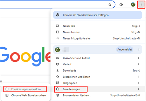 Klicken Sie auf Mehr > Erweiterung > Erweiterungen verwalten, um alle Erweiterungen in Google Chrome zu deaktivieren.