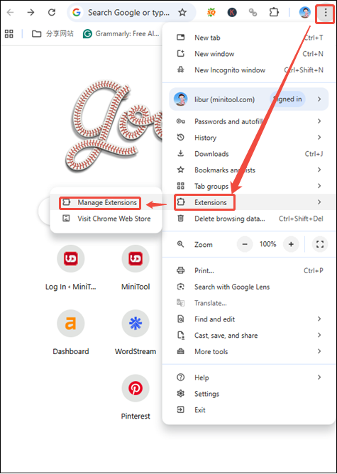 Click on More > Extension > Manage Extensions to Disable all the extensions on Google Chrome