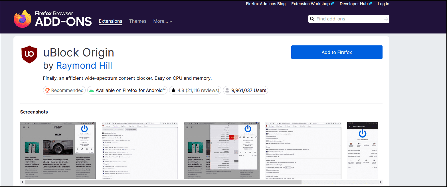 uBlock Origin main interface on Firefox