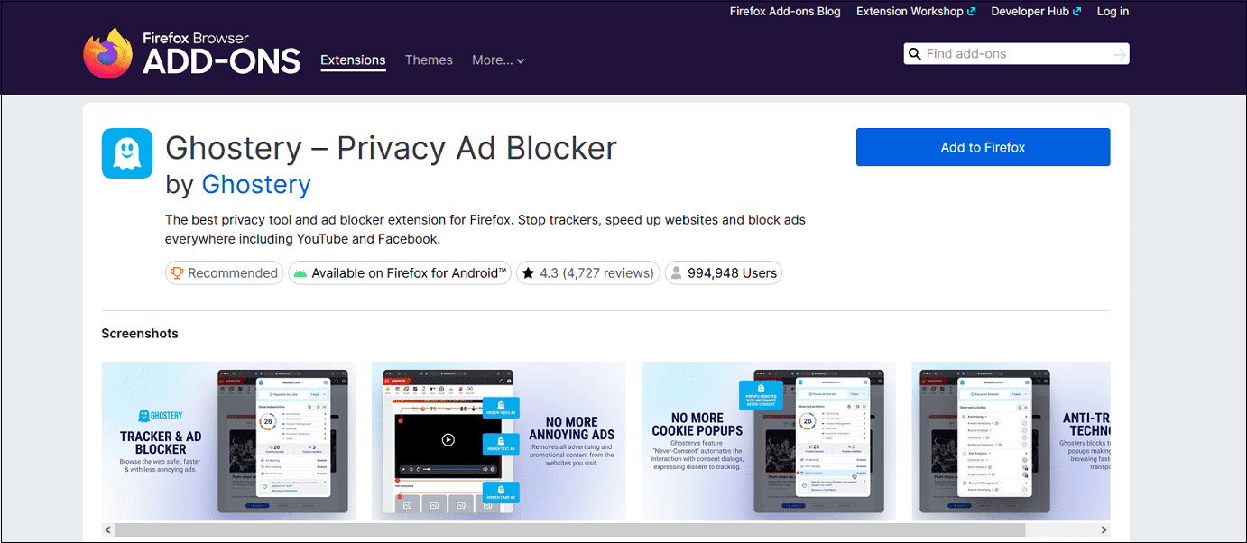 Ghostery main interface on Firefox