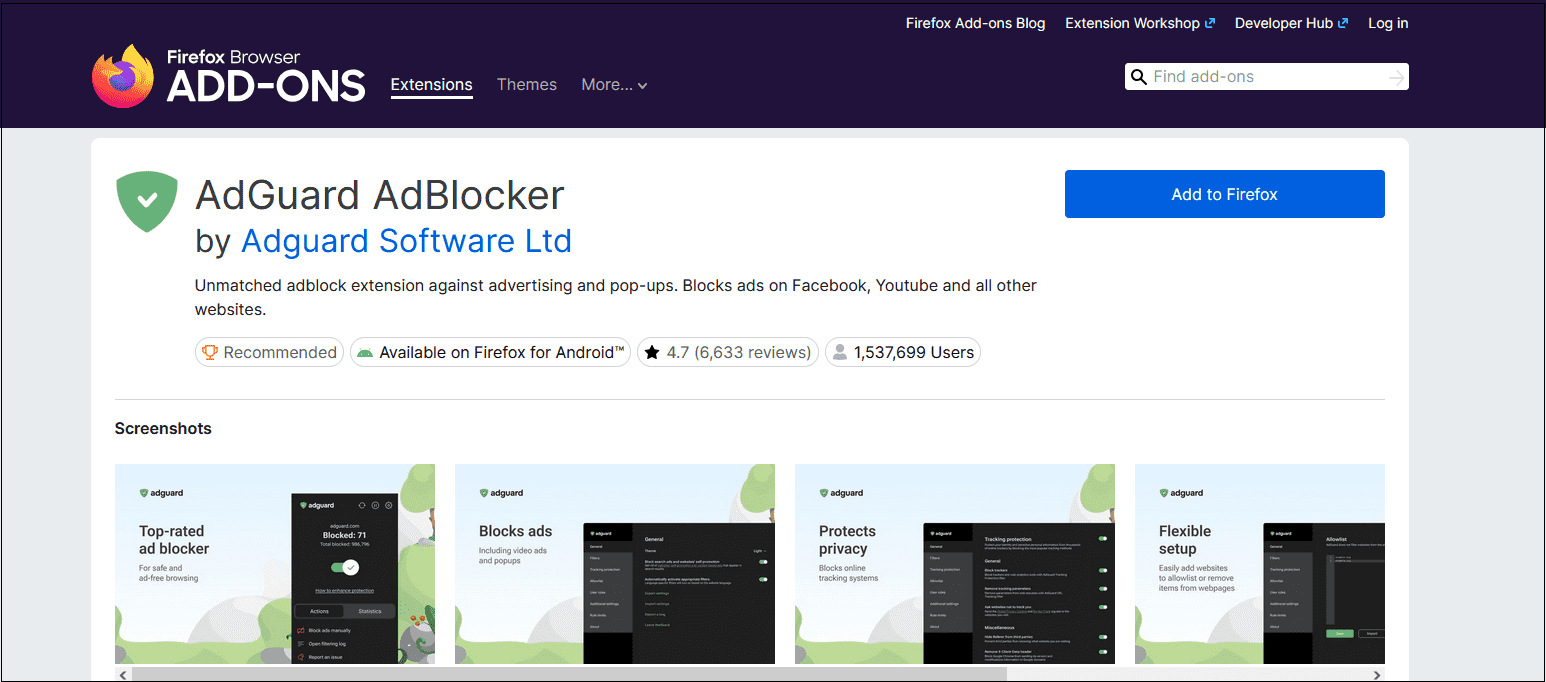 AdGuard AdBlocker main interface on Firefox