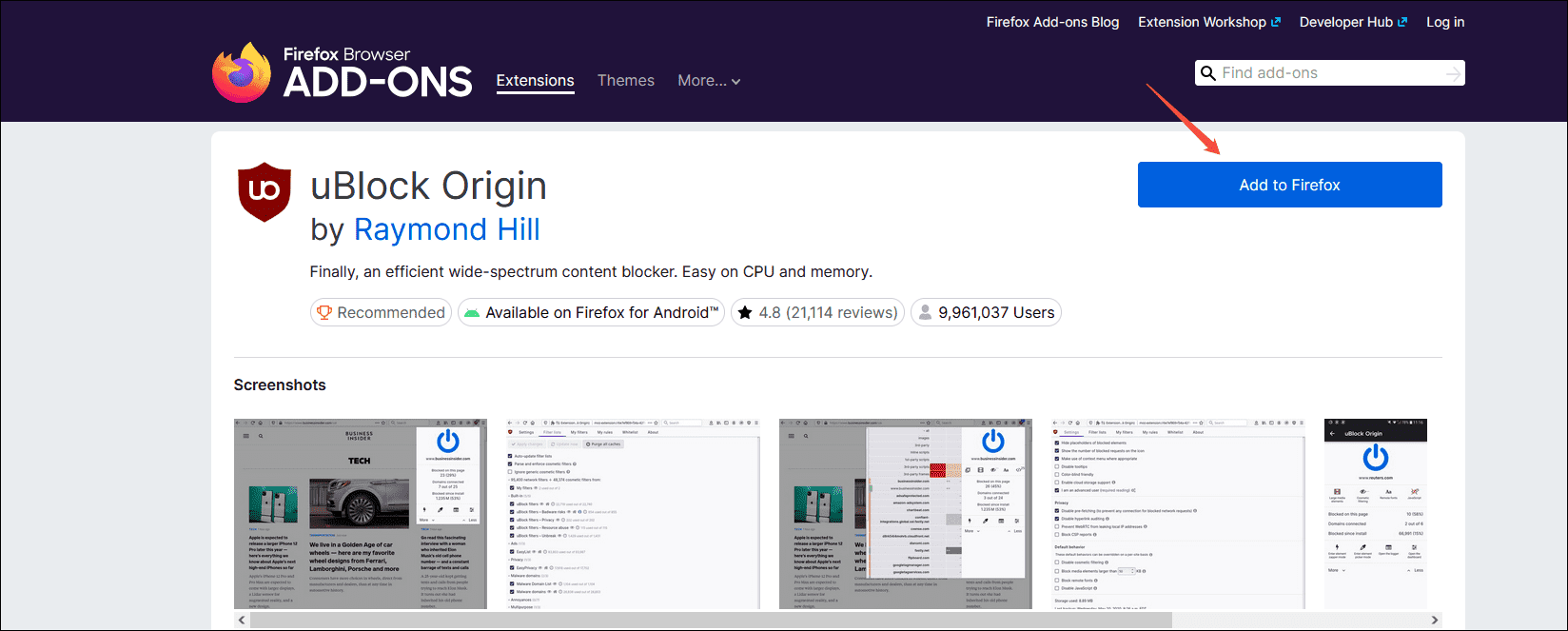 Click on Add to Firefox to install uBlock Origin