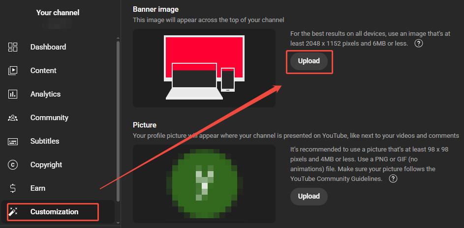 Click on Customization and then click on Upload to select the banner you want to upload in YouTube Studio