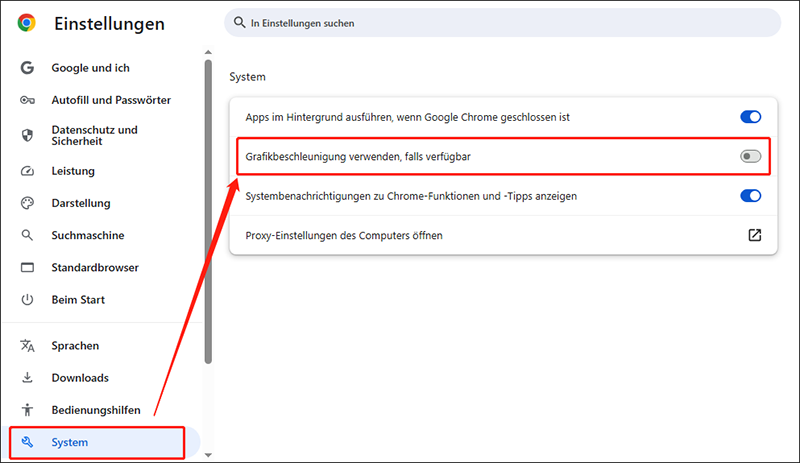 Wählen Sie die Kategorie System und deaktivieren Sie Hardwarebeschleunigung verwenden, wenn verfügbar in Chrome.