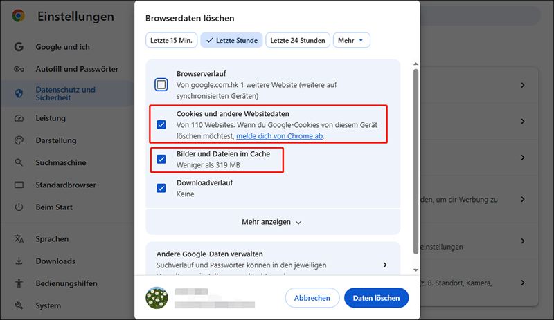 Wählen Sie Cookies und andere Websitedaten sowie Bilder und Dateien im Cache aus und klicken Sie auf Daten löschen in Chrome.