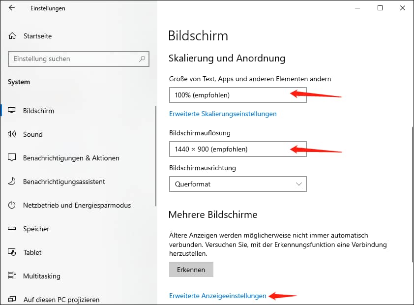 Passen Sie Ihre Skalierungs- und Auflösungseinstellungen an und gehen Sie zu Erweiterte Anzeigeeinstellungen in Windows.