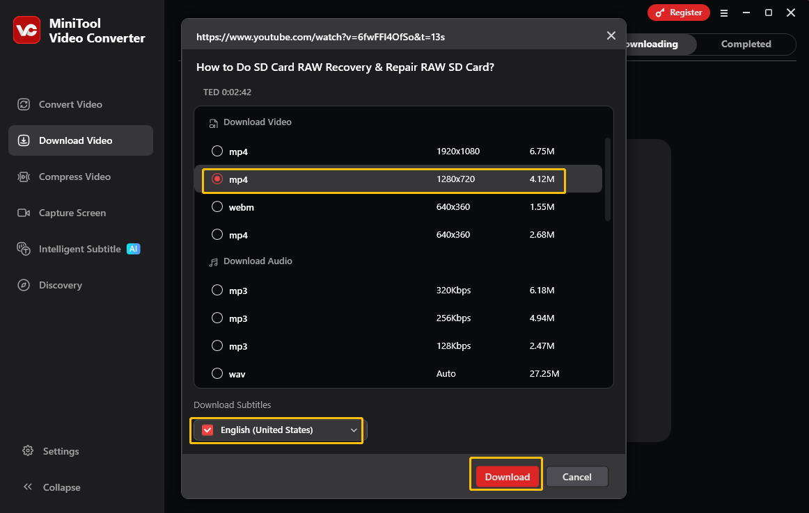 Choose a video format, check the subtitles, and click on Download to get the YouTube video and subtitles in MiniTool Video Converter