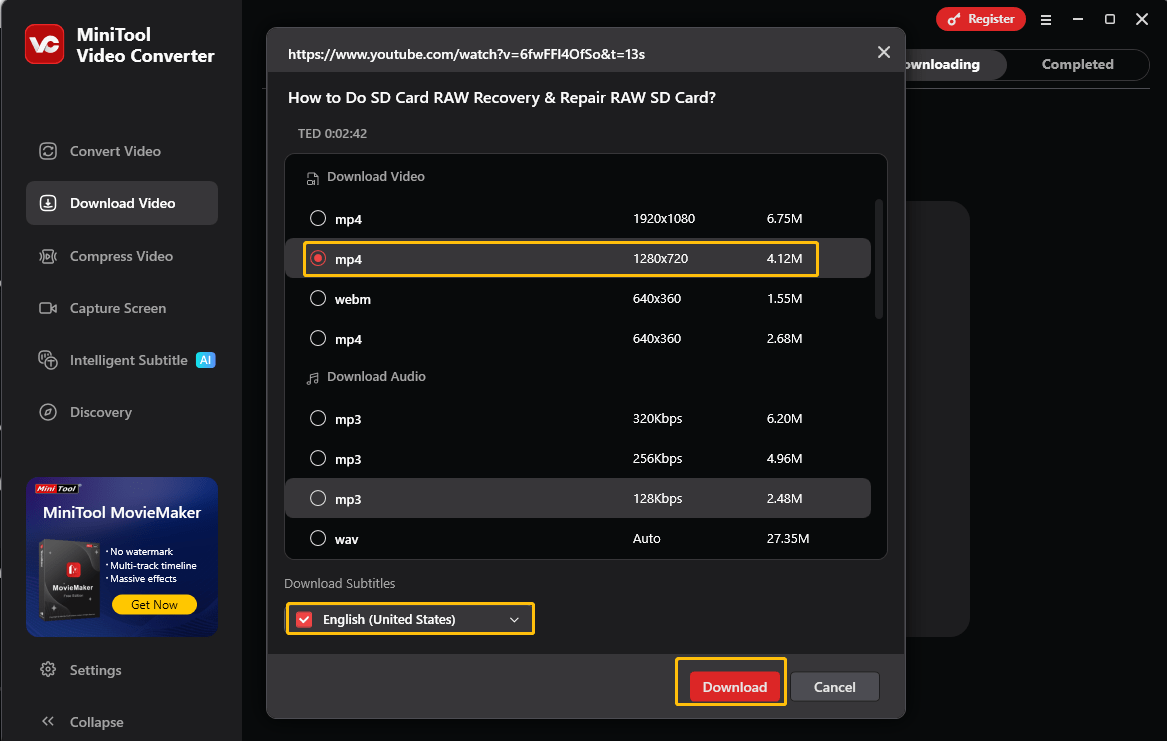Wählen Sie ein Videoformat aus, aktivieren Sie die Untertitel und klicken Sie auf Herunterladen, um das YouTube-Video und die Untertitel in MiniTool Video Converter zu erhalten.