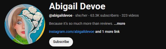 The interface of the YouTube music critic’s channel, Abigail Devoe