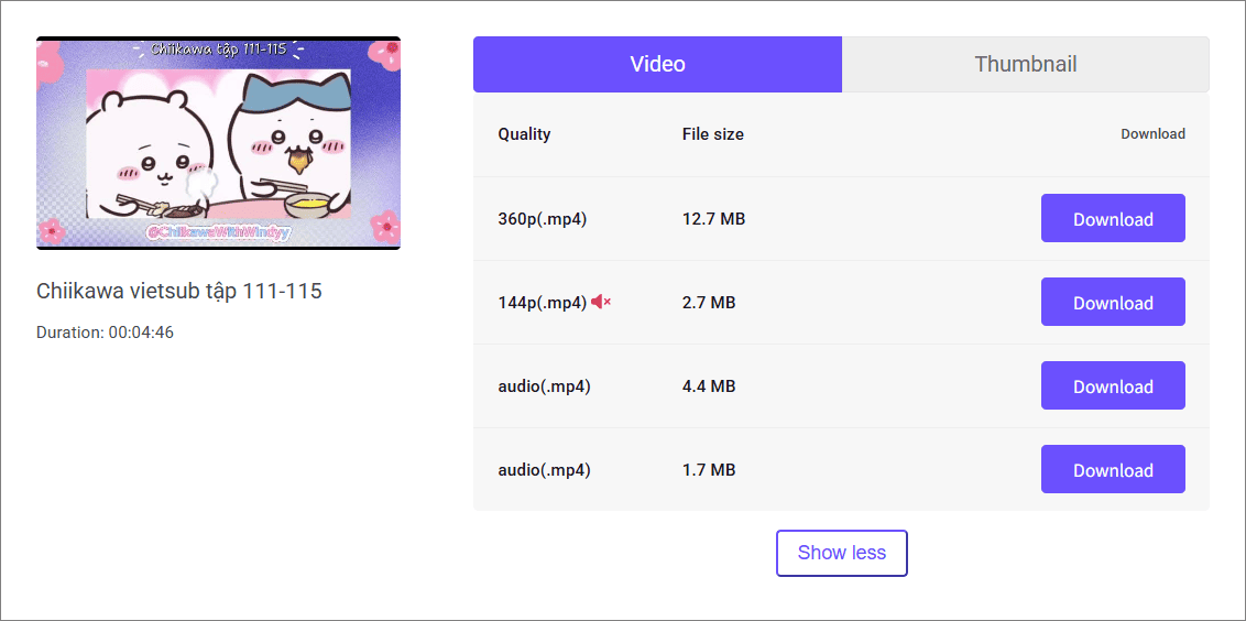 解析結果から必要なダウンロードオプションを選んで「Download」をクリック