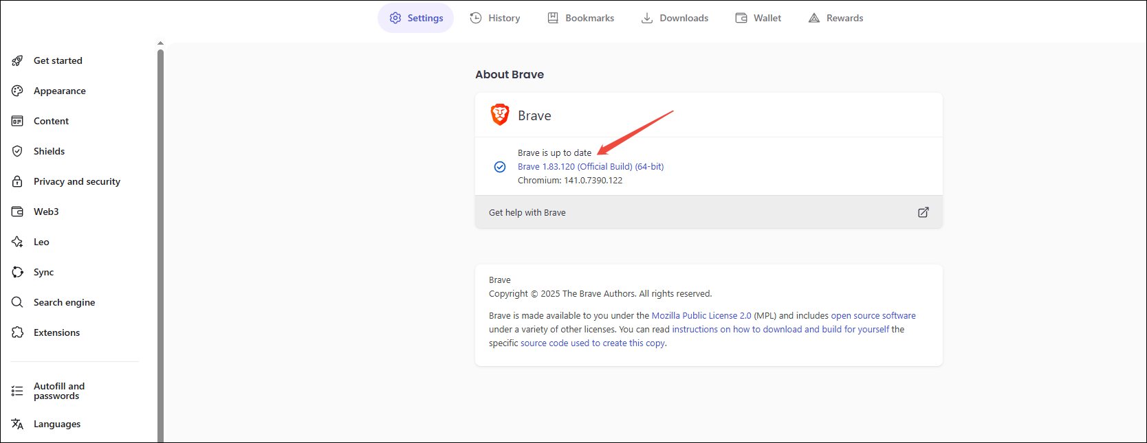 Click on More > Help > About Brave to update the browser