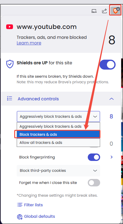Click on the Shield icon and change the degree of block trackers & ads for YouTube