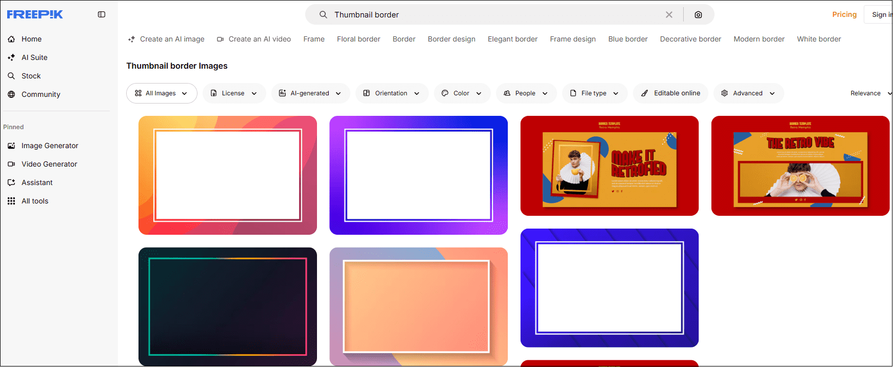 The main interface of Freepik Thumbnail Border on Google
