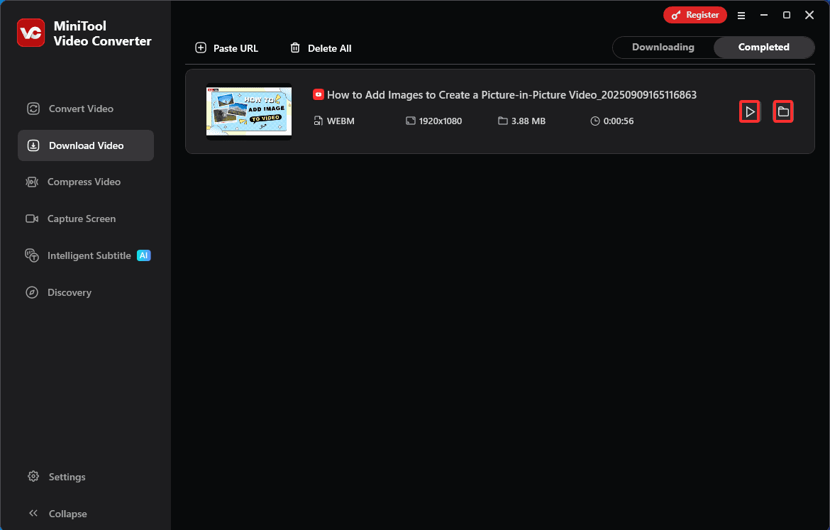 Gehen Sie zum Tab Herunterladen, klicken Sie auf das Symbol Abspielen oder Ordner