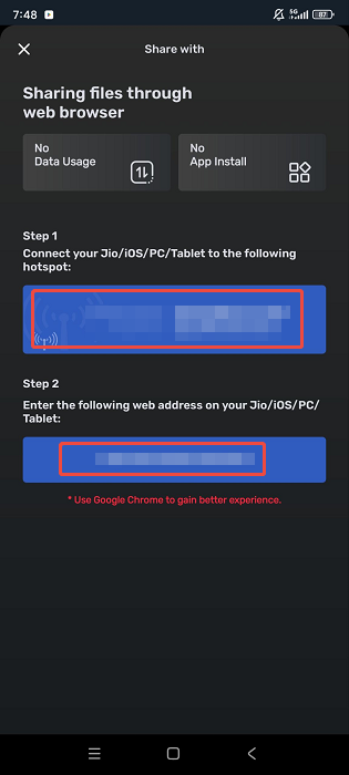 Folgen Sie den Anweisungen, um das im blauen Feld auf der MX Player-Seite angezeigte Hotspot-Konto und Passwort mit Ihrem Computer zu verbinden.