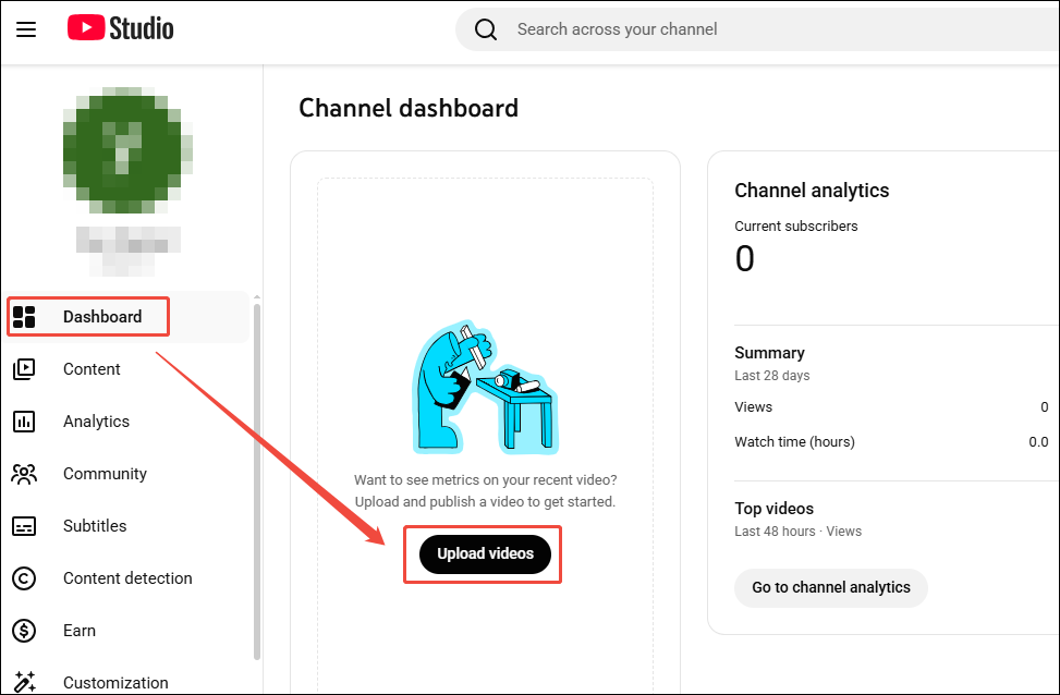 The YouTube Studio interface shows how to upload videos.