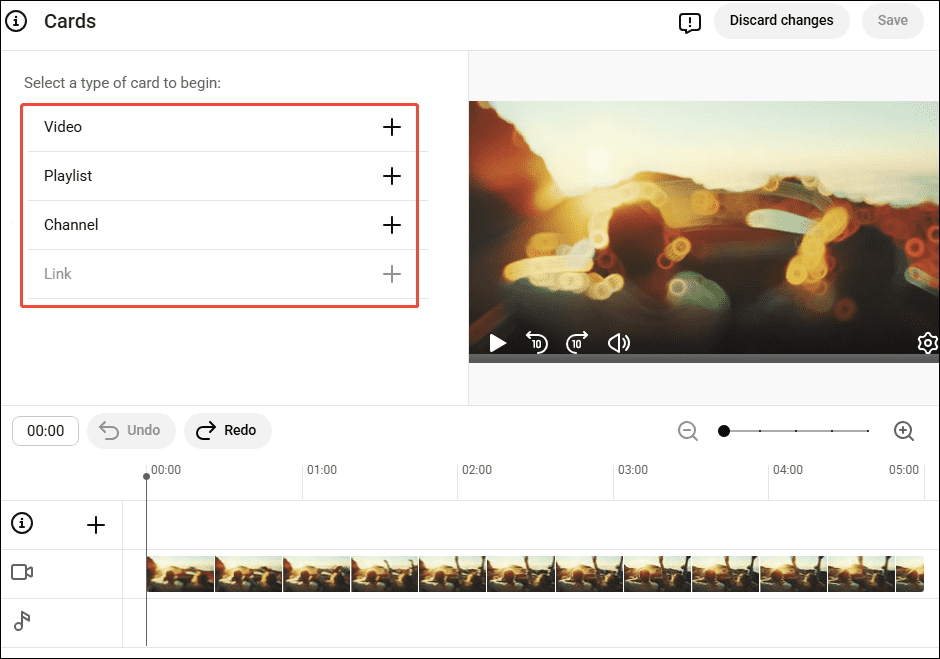 In the Cards editing page of YouTube Studio, several card formats are selected.