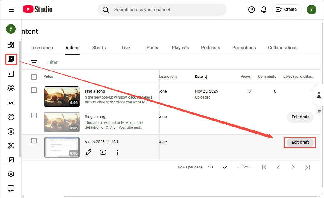 YouTube Studio interface shows how to enter the editing page to add a call to action.