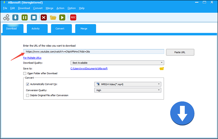 AllavsoftにYouTube動画リンクを貼り付ける画面