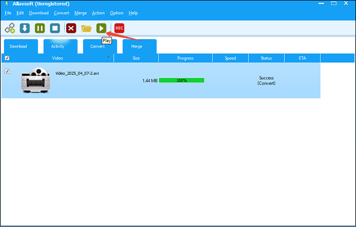 Allavsoftでダウンロードした動画の「Play」ボタンをクリックする画面
