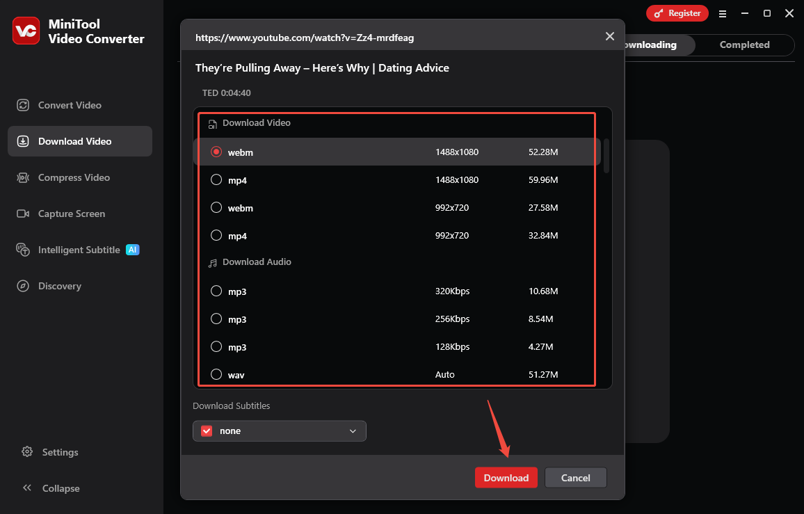 Choose an output format and click on Download to download it in MiniTool Video Converter