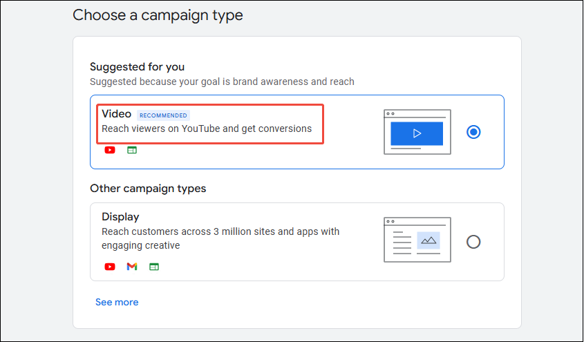 Choose Video as the Campaign type on Google Ads