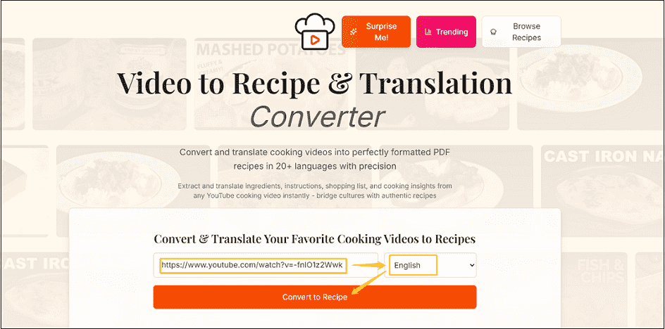 Paste the cooking YouTube video link, choose the conversion language, and click on Convert to Recipe to extract the recipe with Ytrecipe