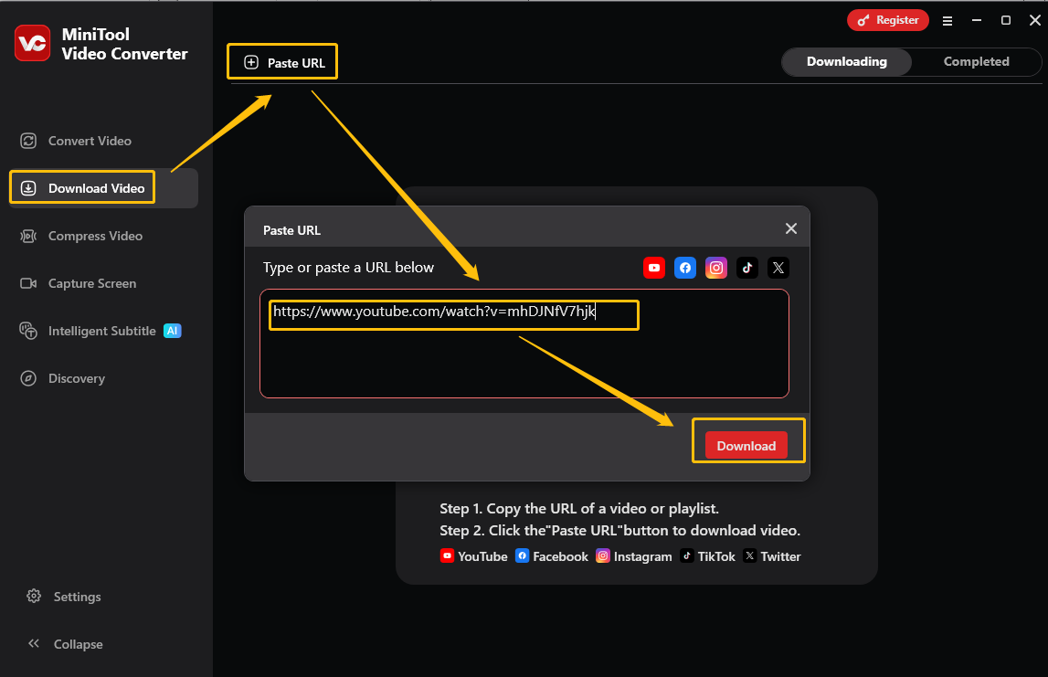 Go to Download Video > Paste URL, paste the cook video link, and click on Download to analyze it in MiniTool Video Converter