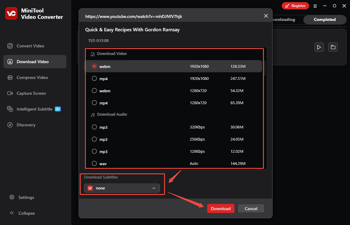 Choose an output video format and click on Download to save the cook video in MiniTool Video Converter