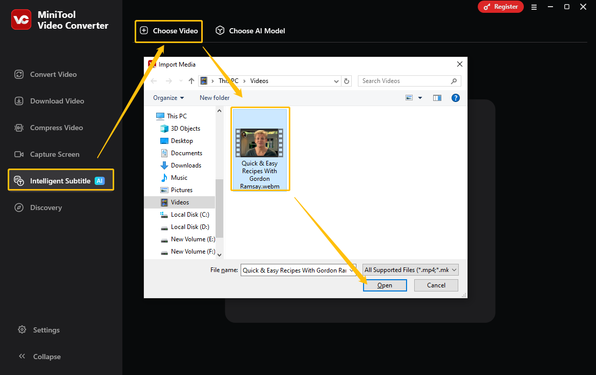 Click on Intelligent Subtitles and Choose Video to upload the video for extracting subtitles in MiniTool Video Converter