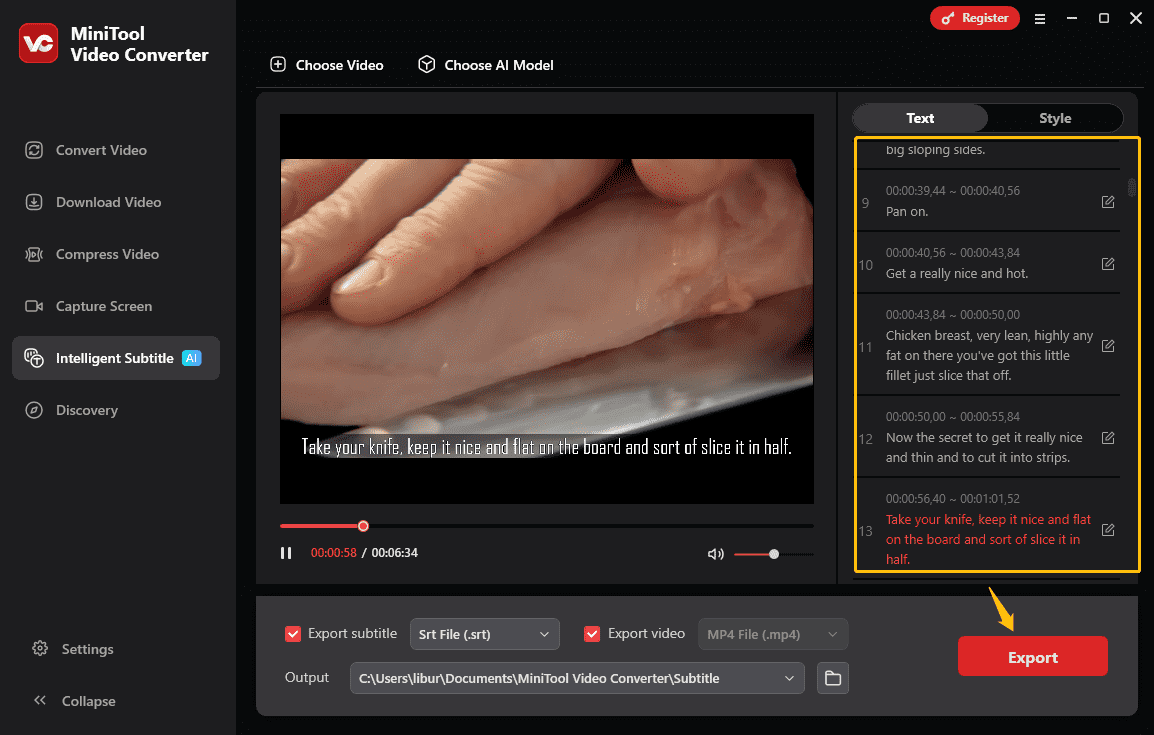 Click on Export to download the cook video subtitles in MiniTool Video Converter