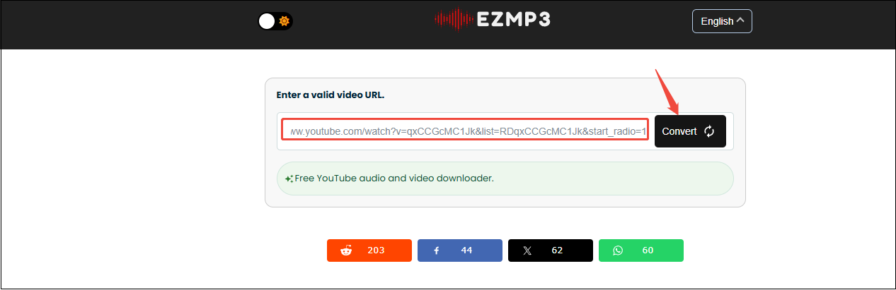 The EzMP3 interface that shows how to analyze the video link.