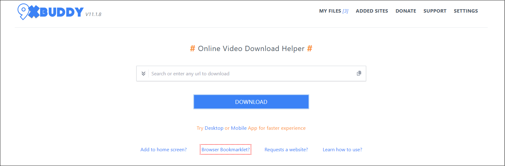 The main interface of 9xbuddy.