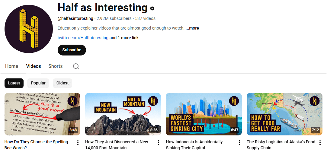 The interface of the facts YouTube channel, Half as Interesting