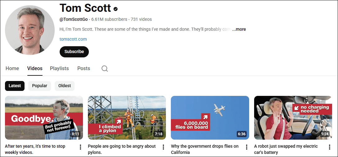 The interface of the facts YouTube channel, Tom Scott