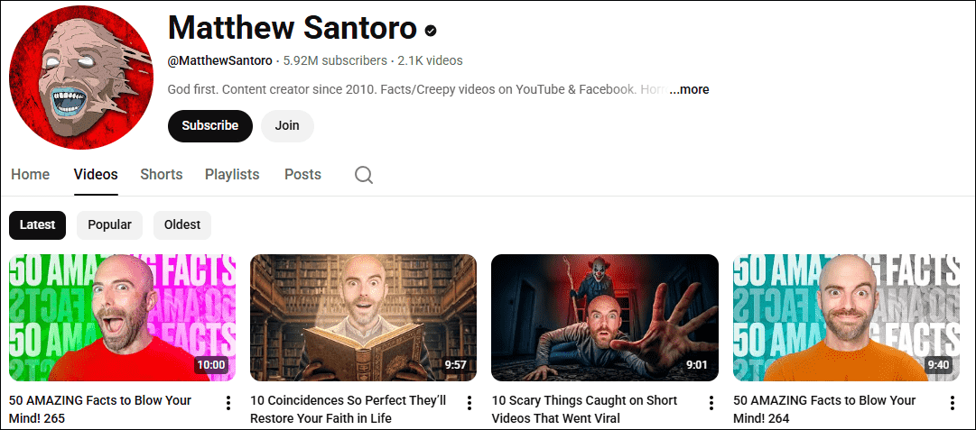 The interface of the facts YouTube channel, Matthew Santoro